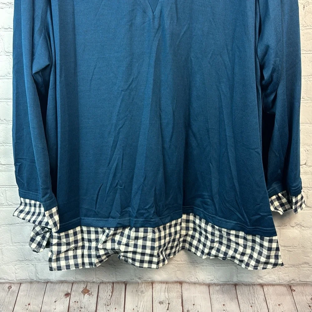 BloomChic Teal Blue And Check Pattern Layered Look Long Sleeve Top Plus 2X 6X - Picture 6 of 7